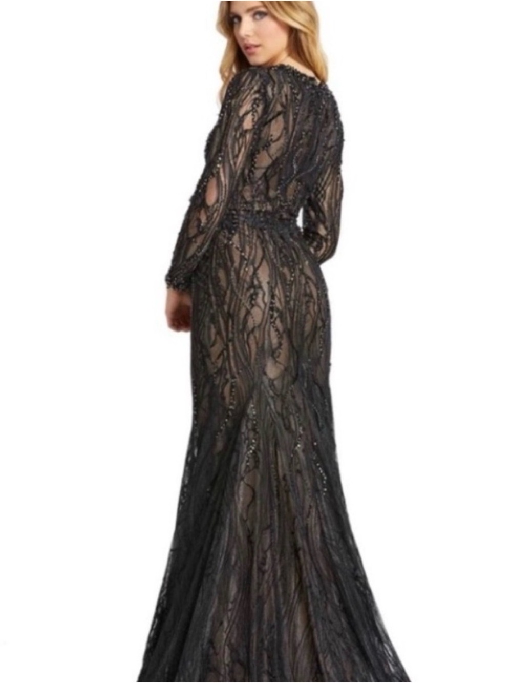 NWT Gorgeous Mac Duggal Beaded Illusion Long Sleeve Plunge Neck Gown - Picture 3 of 6